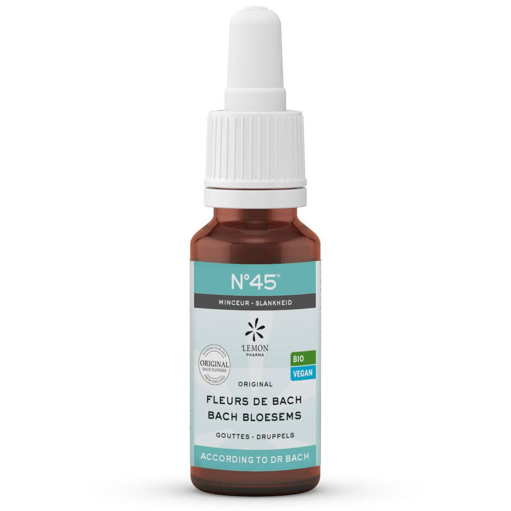 Flacon en verre brun avec compte-gouttes blanc. Étiquette turquoise avec N°45, Fleurs de Bach, Bio, Vegan.