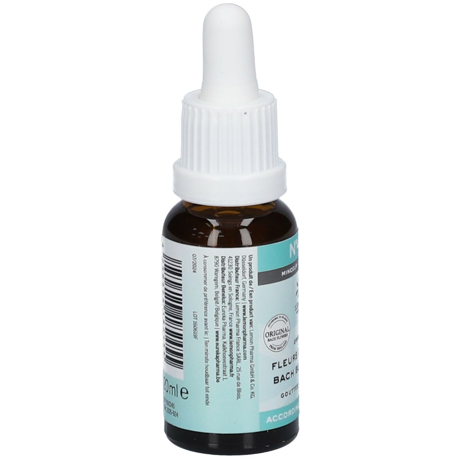 Flacon en verre brun avec compte-gouttes blanc. Dos avec texte et étiquette. 20ml, Bio, Vegan.