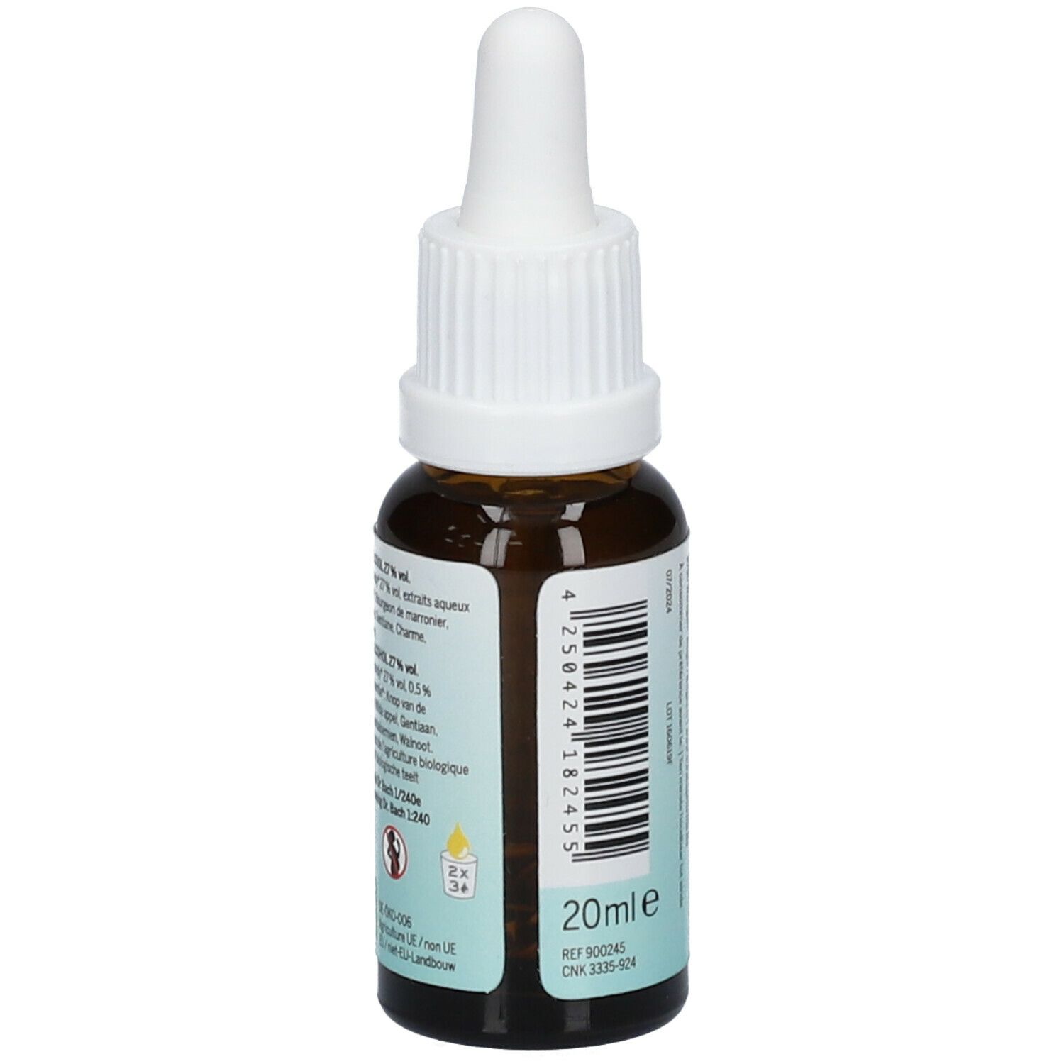 Flacon en verre brun avec compte-gouttes blanc. Dos avec texte et étiquette. 20ml, Bio, Vegan.