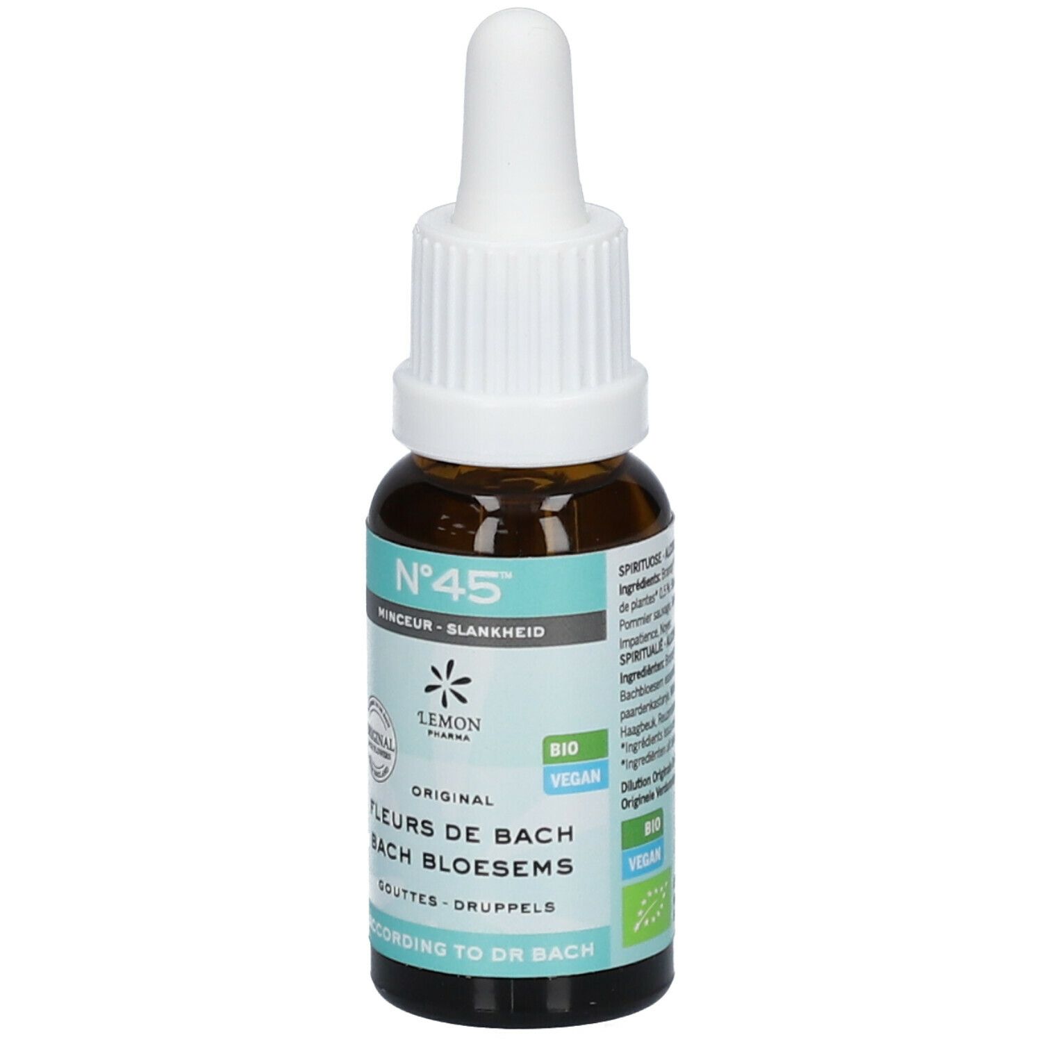 Flacon en verre brun avec compte-gouttes blanc. Étiquette turquoise avec N°45, Fleurs de Bach, Bio, Vegan.