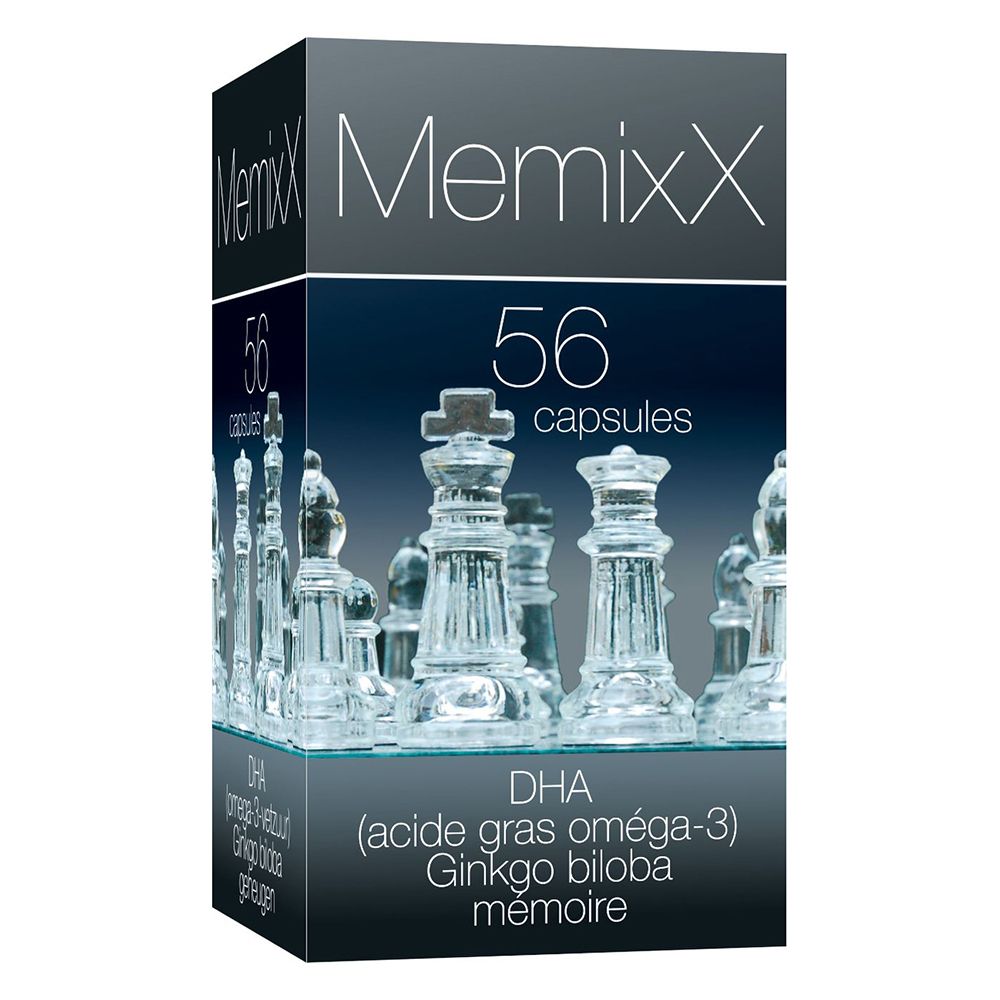 Boîte MemixX, 60 capsules, DHA/Ginkgo biloba. Texte blanc sur fond noir. Figures d'échecs en arrière-plan.