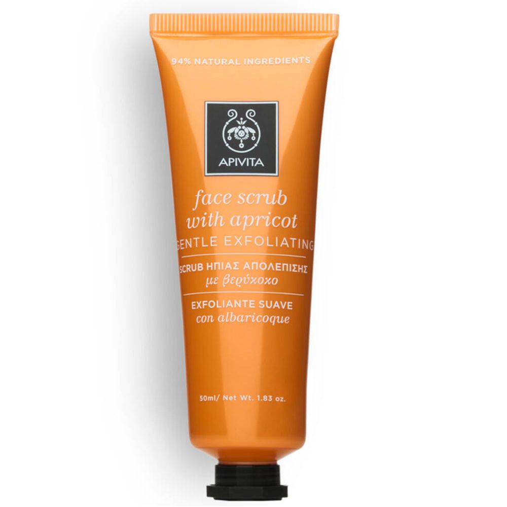 Tube orange avec bouchon noir. Inscription : Apivita, face scrub with apricot, gentle exfoliating. 94% ingrédients naturels.