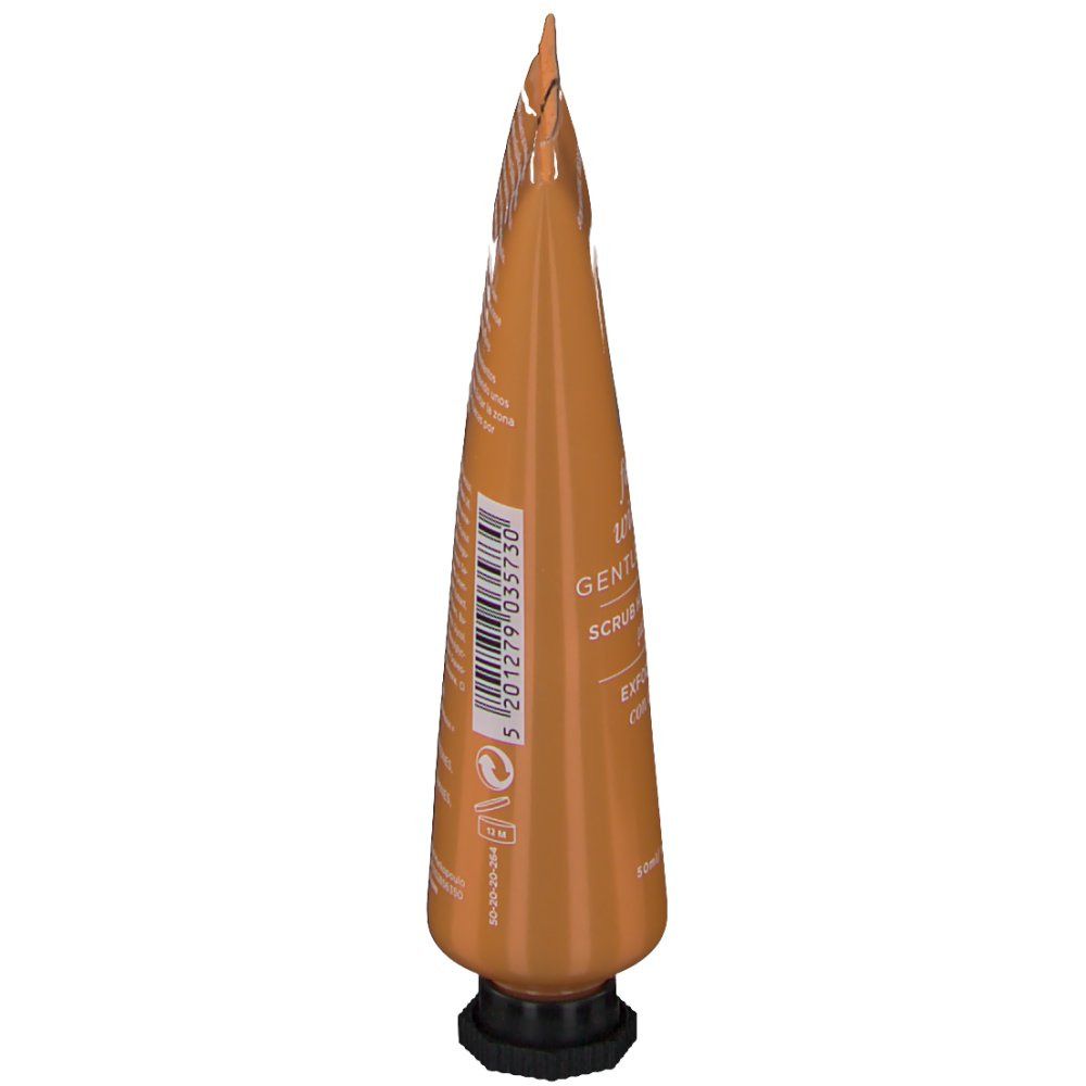 Tube orange, vue oblique du dessus. Bouchon noir. Inscription au dos. Nom du produit non visible.