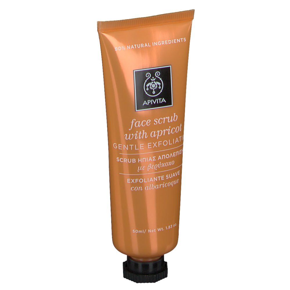 Tube orange avec bouchon noir. Inscription : Apivita, face scrub with apricot, gentle exfoliating. 94% ingrédients naturels.