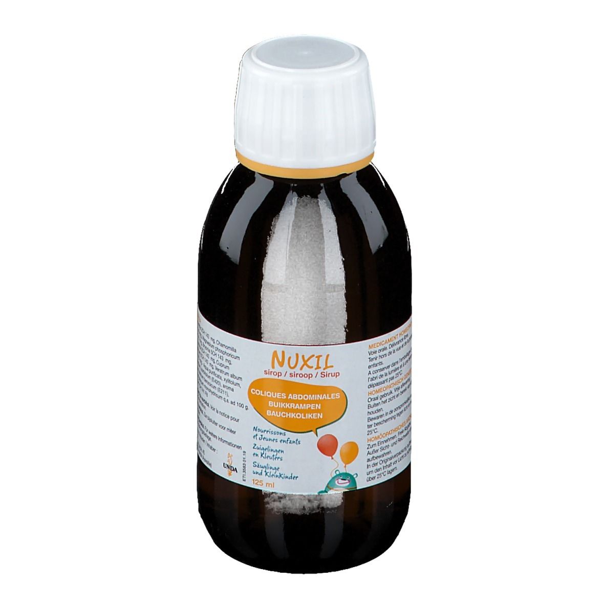 Flacon brun avec bouchon blanc. Étiquette avec nom du produit Nuxil et informations. 125 ml.