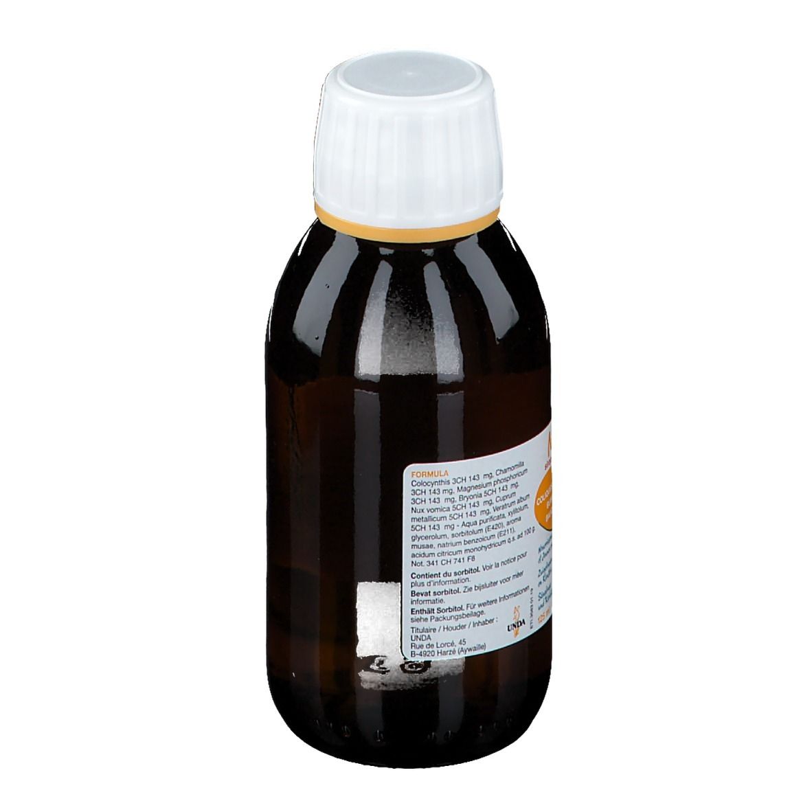 Flacon brun avec bouchon blanc. Étiquette avec ingrédients et autres informations. Nom du produit non visible.