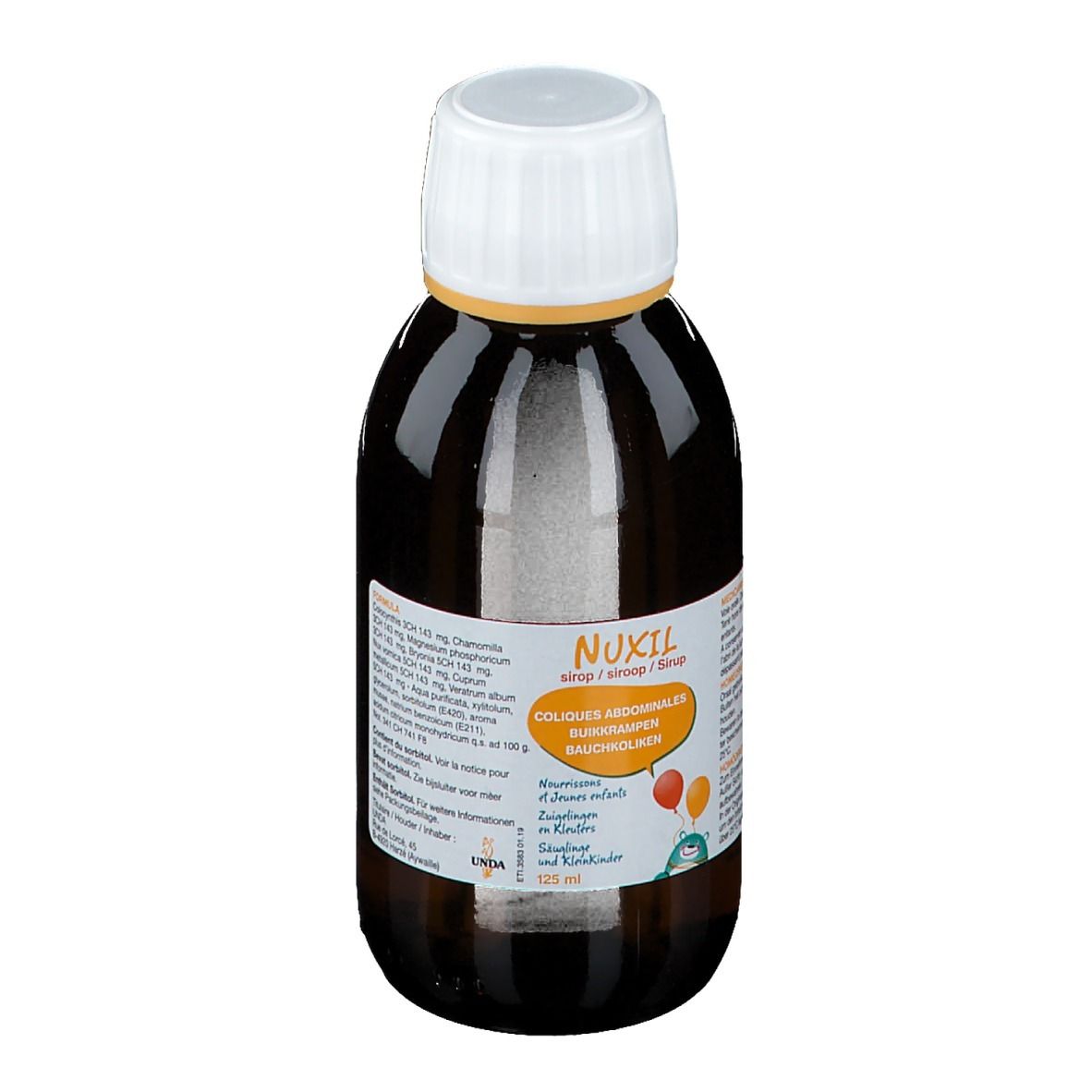 Flacon brun avec bouchon blanc. Étiquette avec nom du produit Nuxil et informations. 125 ml.