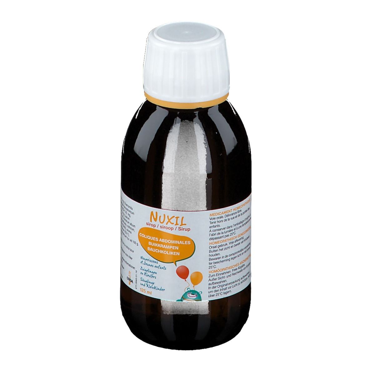 Flacon brun avec bouchon blanc. Étiquette avec nom du produit Nuxil et informations. 125 ml.