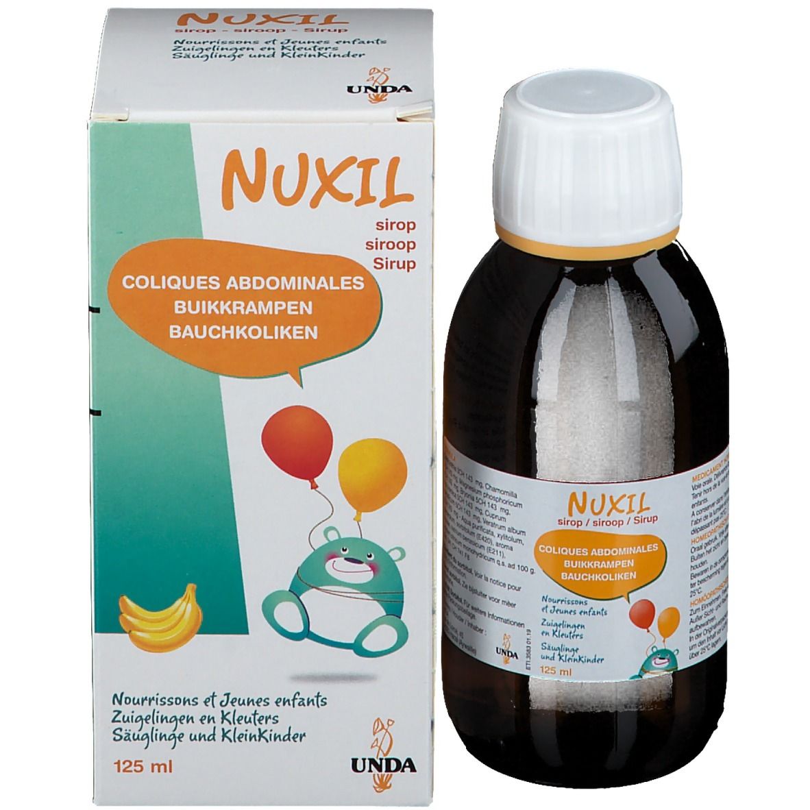 Produit Nuxil en emballage. Flacon et boîte. Boîte avec nom du produit, illustrations et informations.