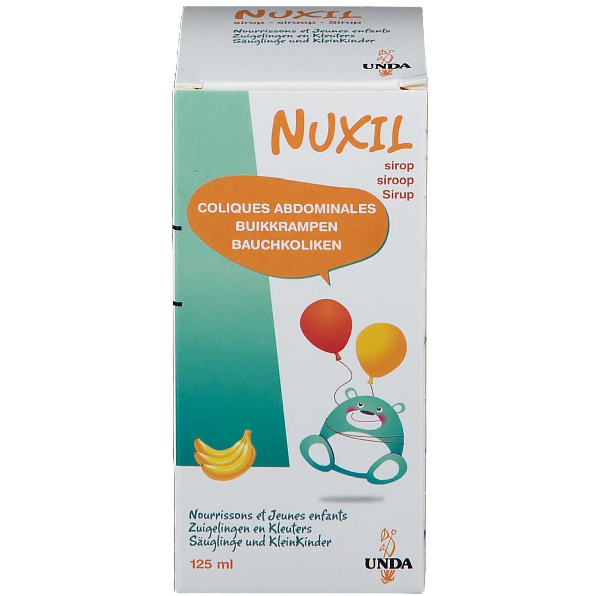 Produit Nuxil en emballage. Boîte avec nom du produit, illustrations et informations. 125 ml.