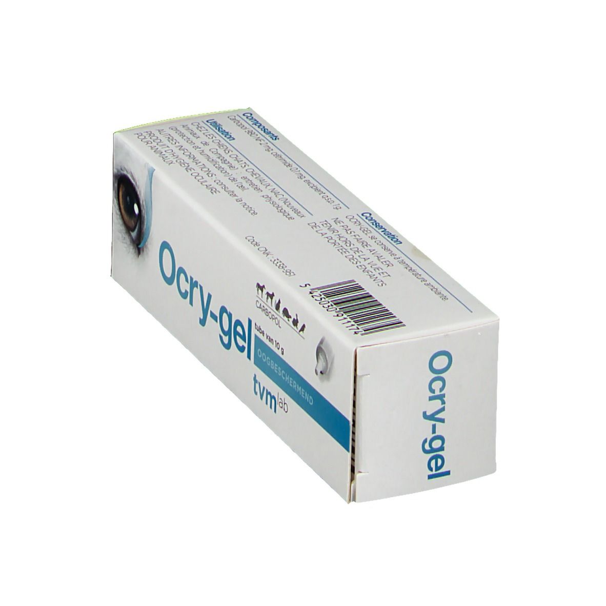 Schräg gestellte Kartonverpackung von Ocry-gel. Aufdruck mit Produktnamen und Logos. Enthält eine Tube.