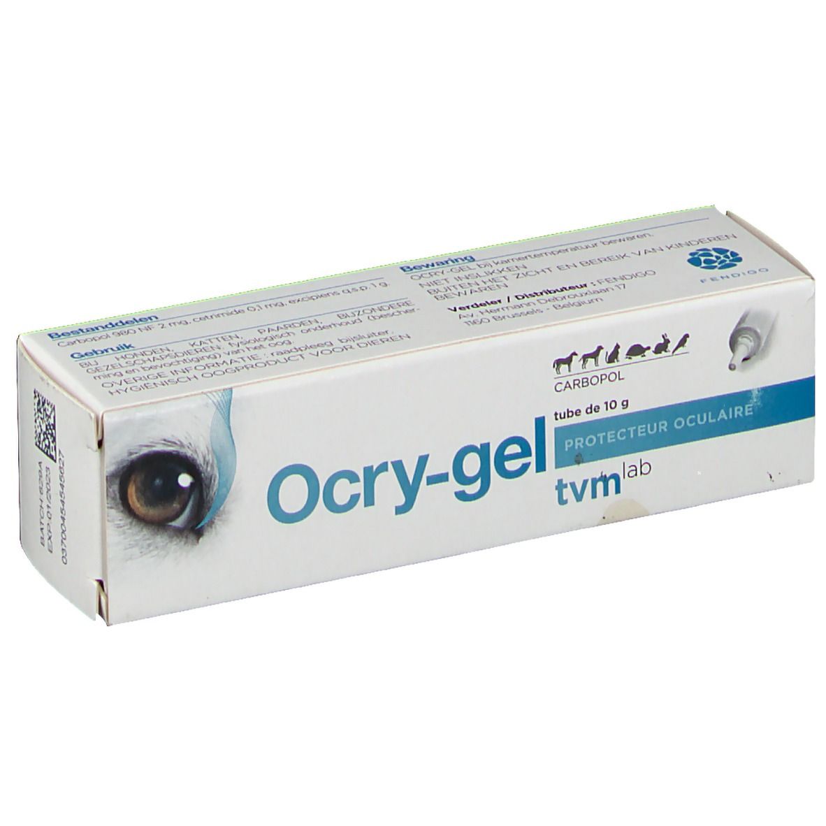 Kartonverpackung von Ocry-gel. Aufdruck mit Produktnamen, Inhaltsstoffen und Logos. Enthält eine Tube mit 10 g.