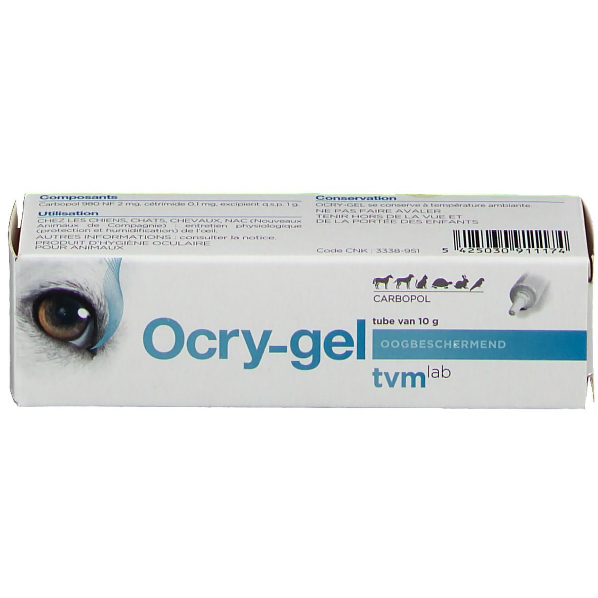Kartonverpackung von Ocry-gel. Aufdruck mit Produktnamen, Inhaltsstoffen und Logos. Enthält eine Tube mit 10 g.