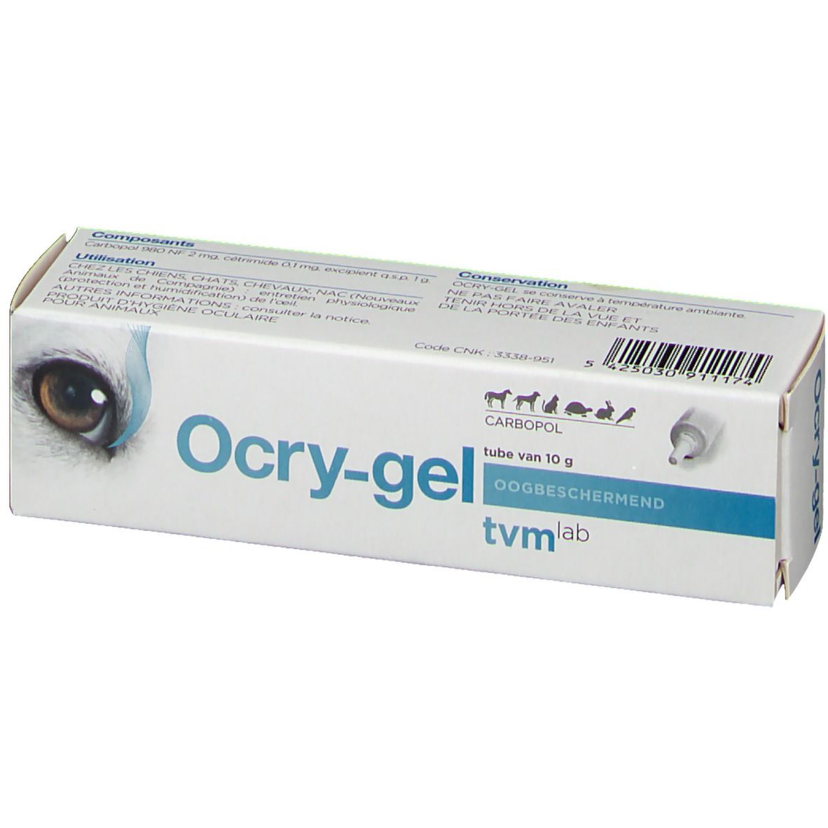 Kartonverpackung von Ocry-gel. Aufdruck mit Produktnamen, Inhaltsstoffen und Logos. Enthält eine Tube mit 10 g.