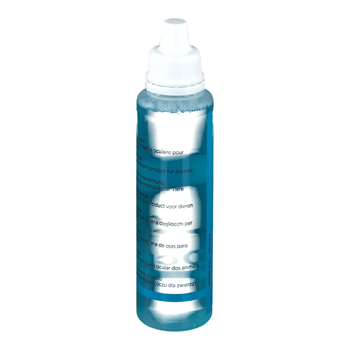 Blauwe fles met witte dop. Achterkant met tekst in meerdere talen.