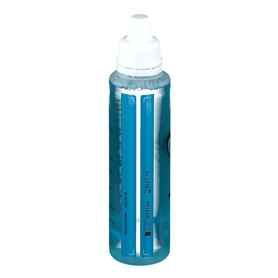 Blauwe fles met witte dop. Sticker met tekst en datum.