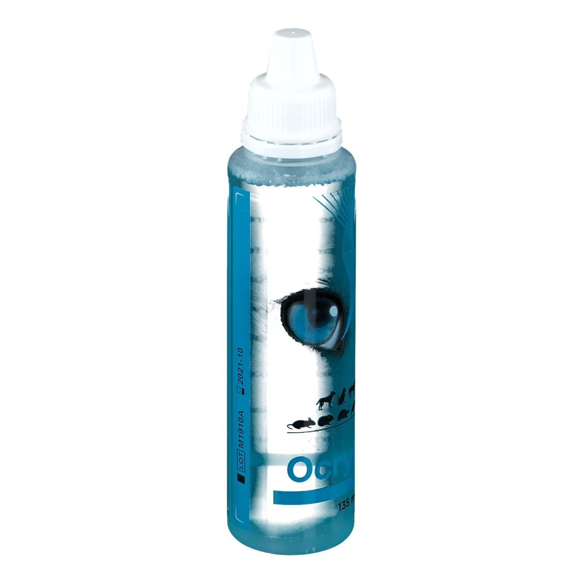 Blauwe fles met witte dop. Opschrift: Ocryl, oog, dierenafbeeldingen, 135 ml.