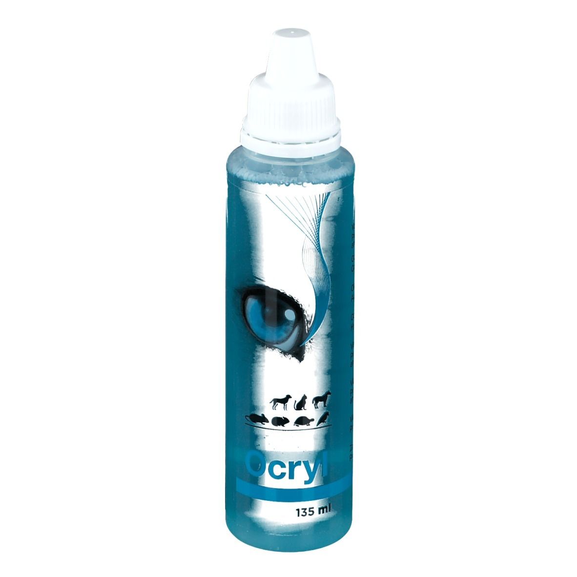 Blauwe fles met witte dop. Opschrift: Ocryl, oog, dierenafbeeldingen, 135 ml.