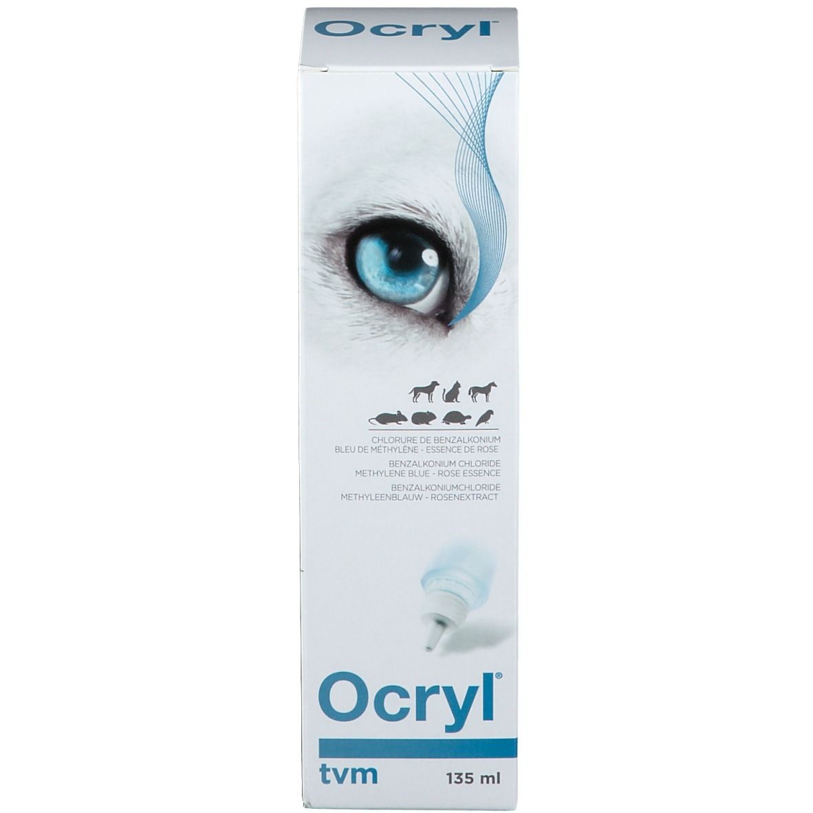Productverpakking. Opschrift: Ocryl, oog, dierenafbeeldingen, 135 ml.