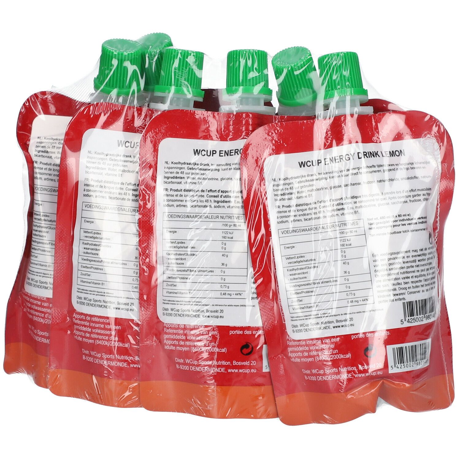 WCUP Energy Drink Zitrone, 6 sachets emballés. Dos avec informations nutritionnelles et code-barres. Sachets rouges avec bouchons verts.