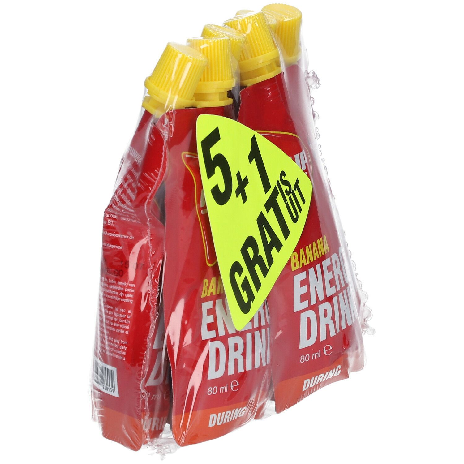 WCUP Energy Drink Banaan, 5+1 Gratis. Rode zakjes met gele doppen, verpakt. Opschriften: Energy Drink, Banana.