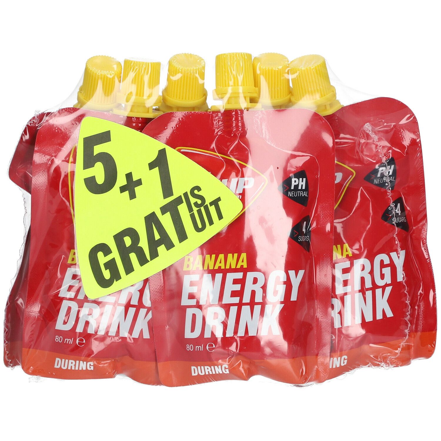 WCUP Energy Drink Banaan, 5+1 Gratis. Rode zakjes met gele doppen, verpakt. Opschriften: Energy Drink, Banana.