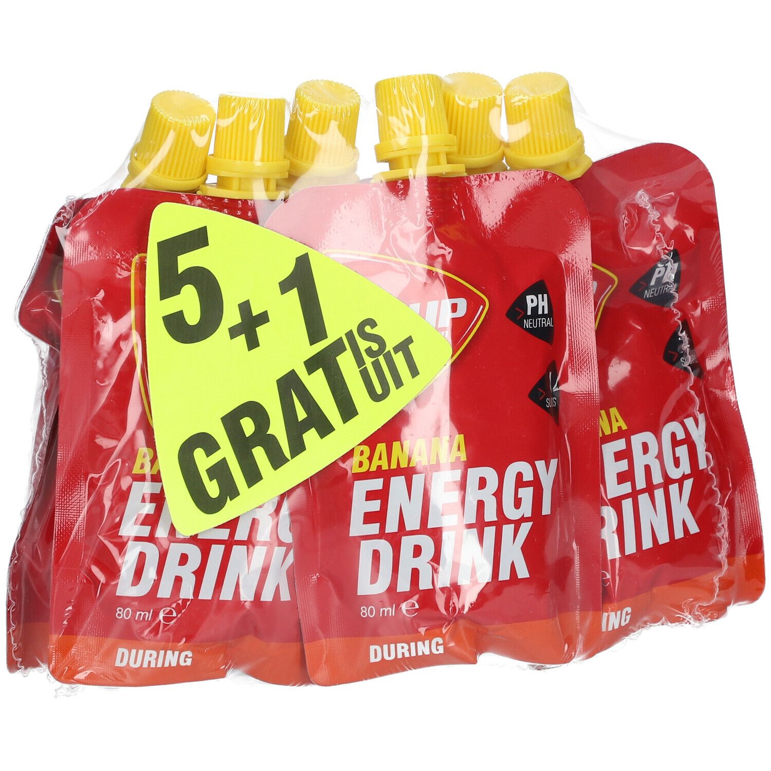 WCUP Energy Drink Banaan, 5+1 Gratis. Rode zakjes met gele doppen, verpakt. Opschriften: Energy Drink, Banana.