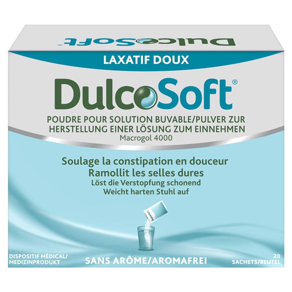Boîte de DulcoSoft. Contient 20 sachets. Poudre pour solution buvable. Dispositif médical.