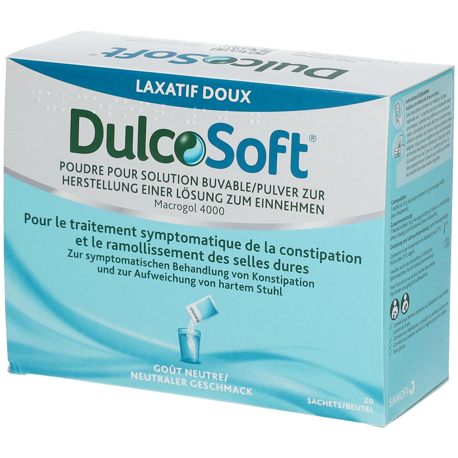 Boîte de DulcoSoft. 20 sachets. Goût neutre. Poudre pour solution buvable.