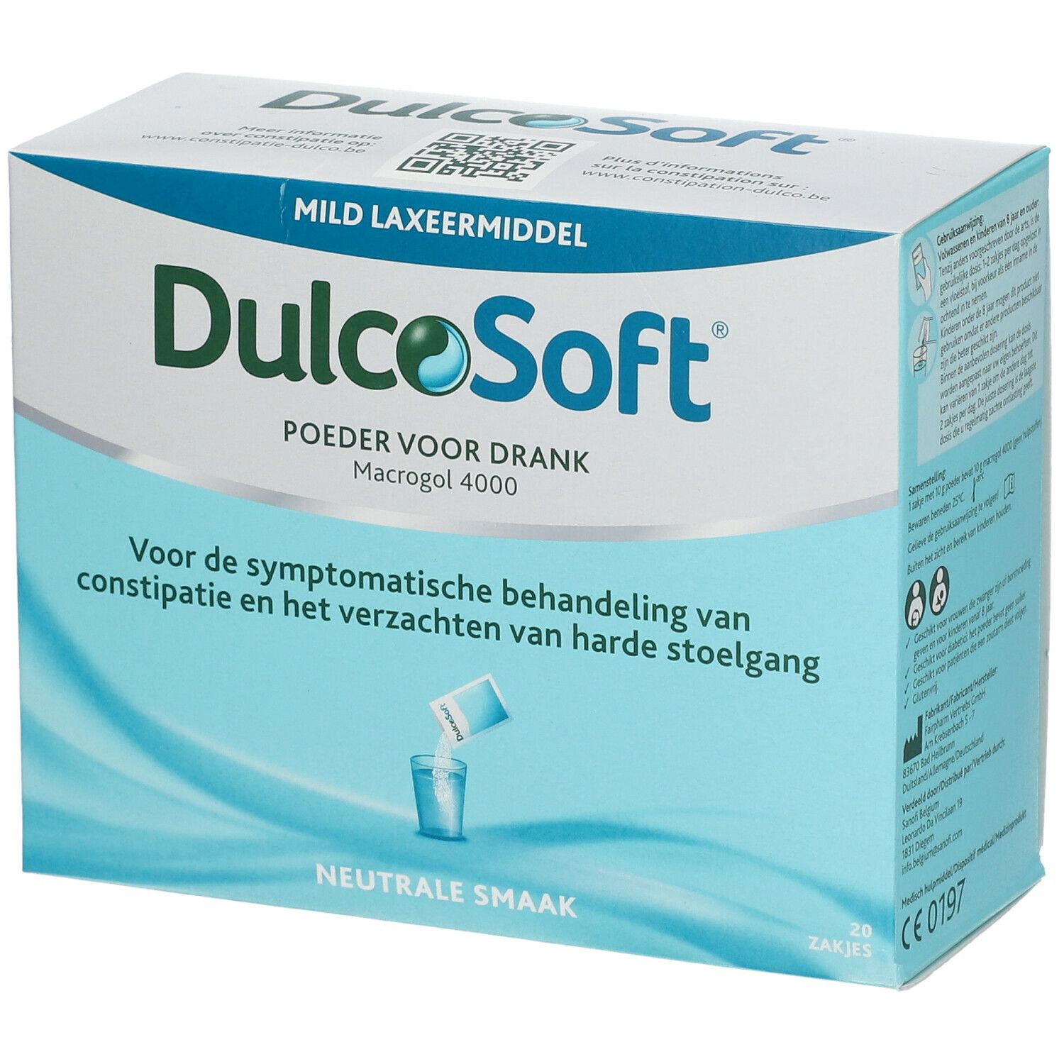 Boîte de DulcoSoft. 20 sachets. Laxatif doux. Poudre pour solution buvable.