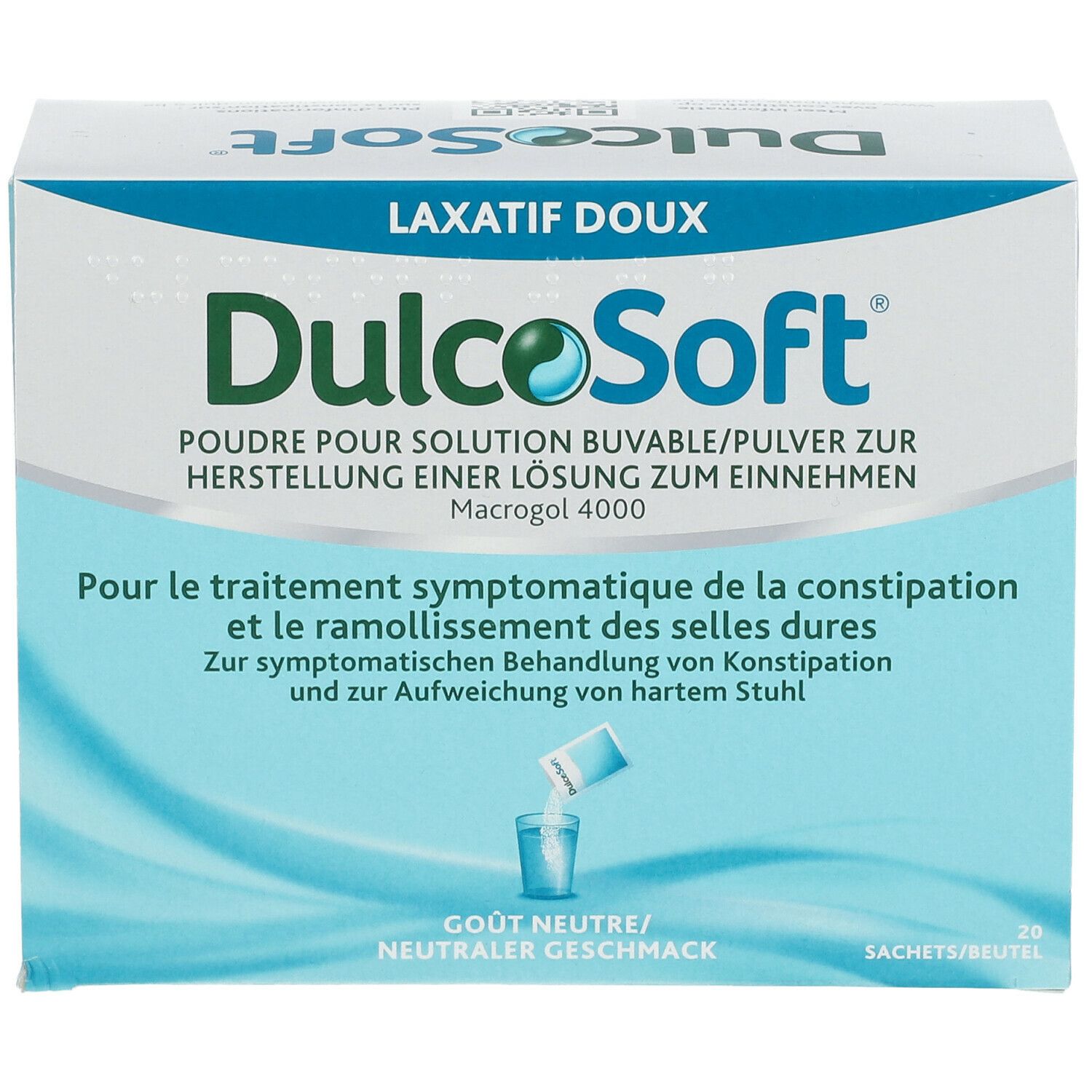 Boîte de DulcoSoft. 20 sachets. Goût neutre. Poudre pour solution buvable.