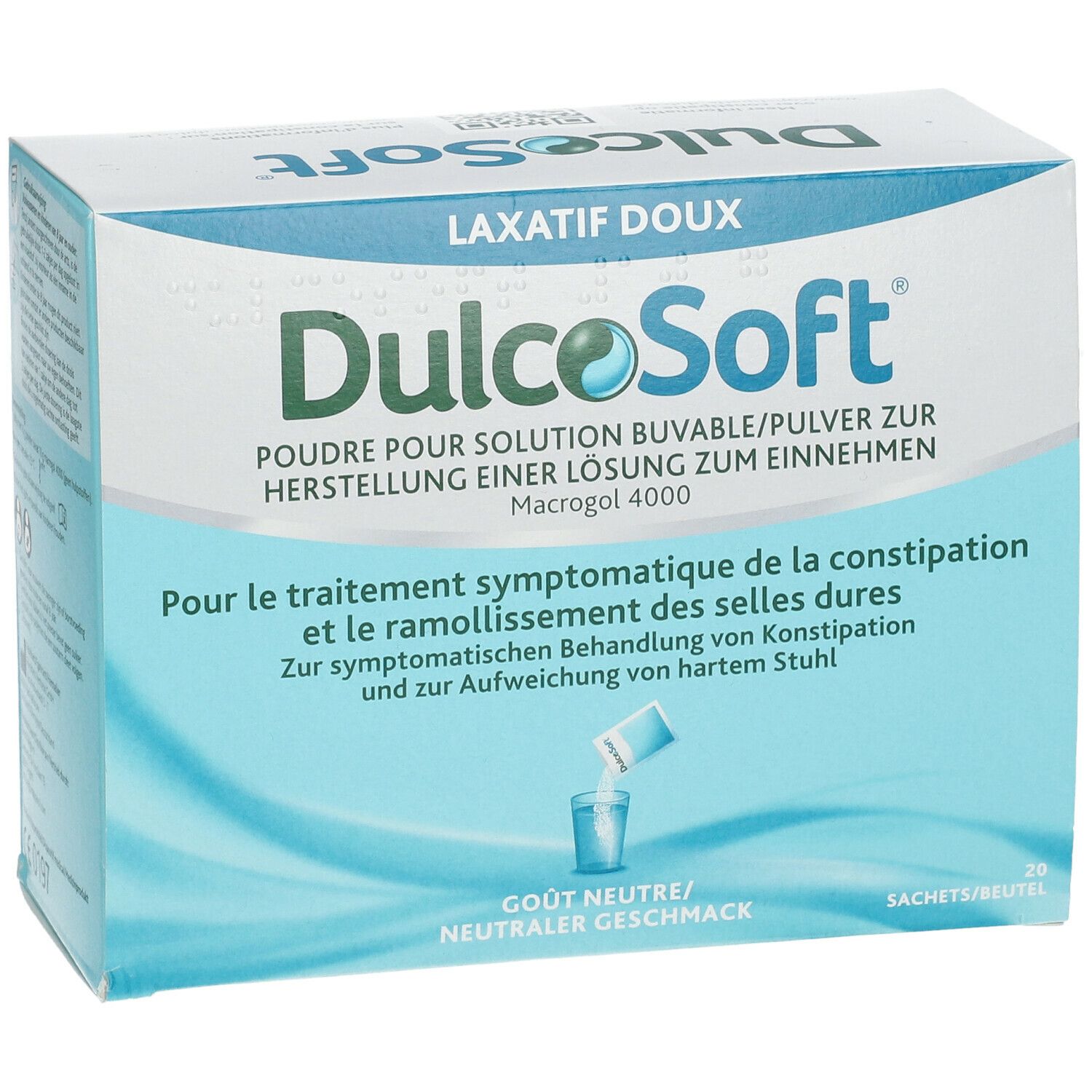 Boîte de DulcoSoft. 20 sachets. Goût neutre. Poudre pour solution buvable.