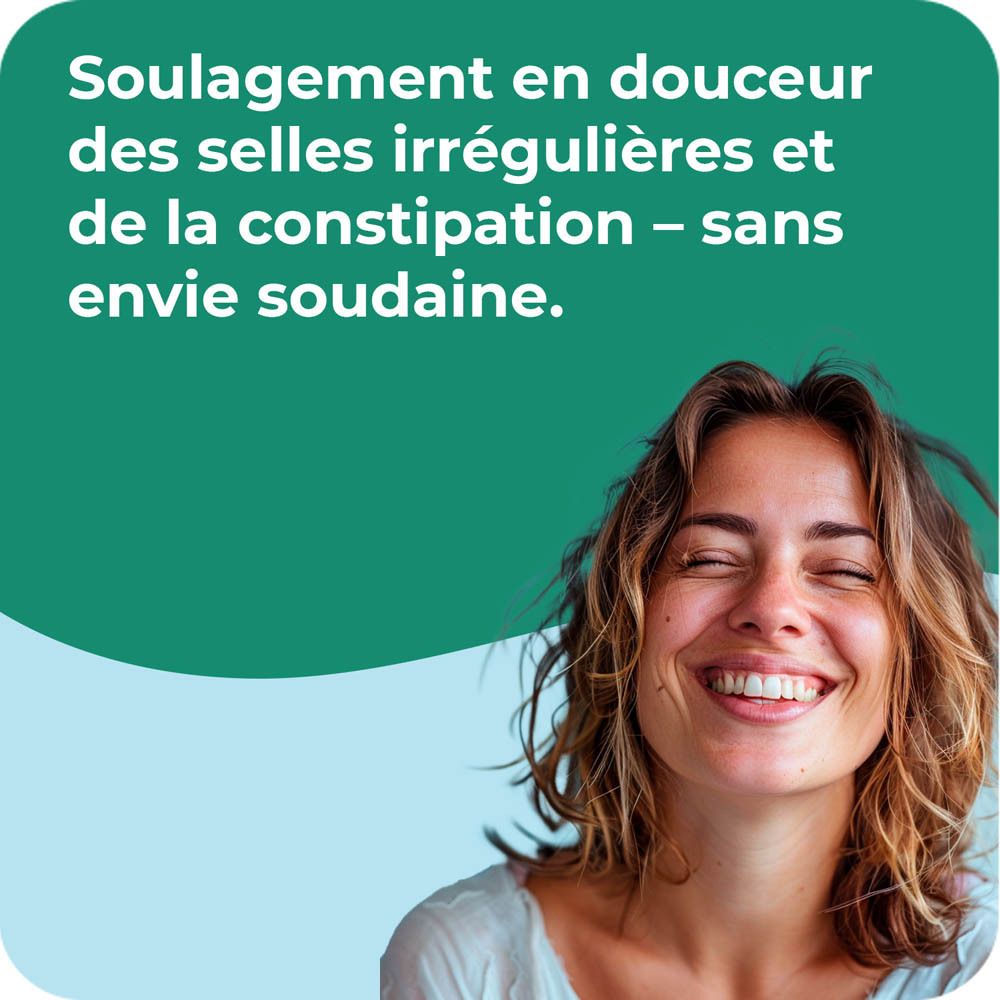 Femme souriante. Texte sur le soulagement en douceur des selles irrégulières.