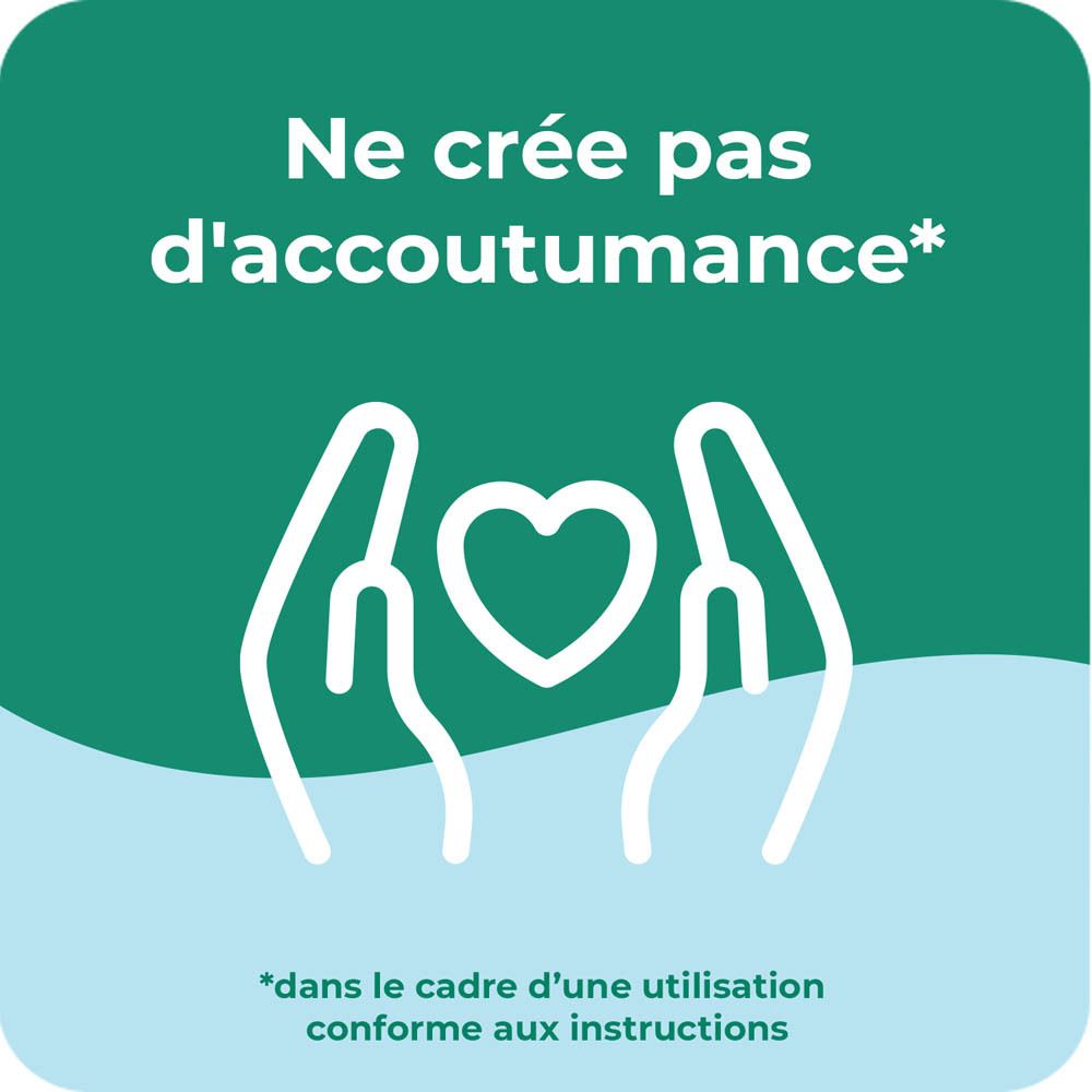 Mains tenant un cœur. Texte : Ne crée pas d'accoutumance.