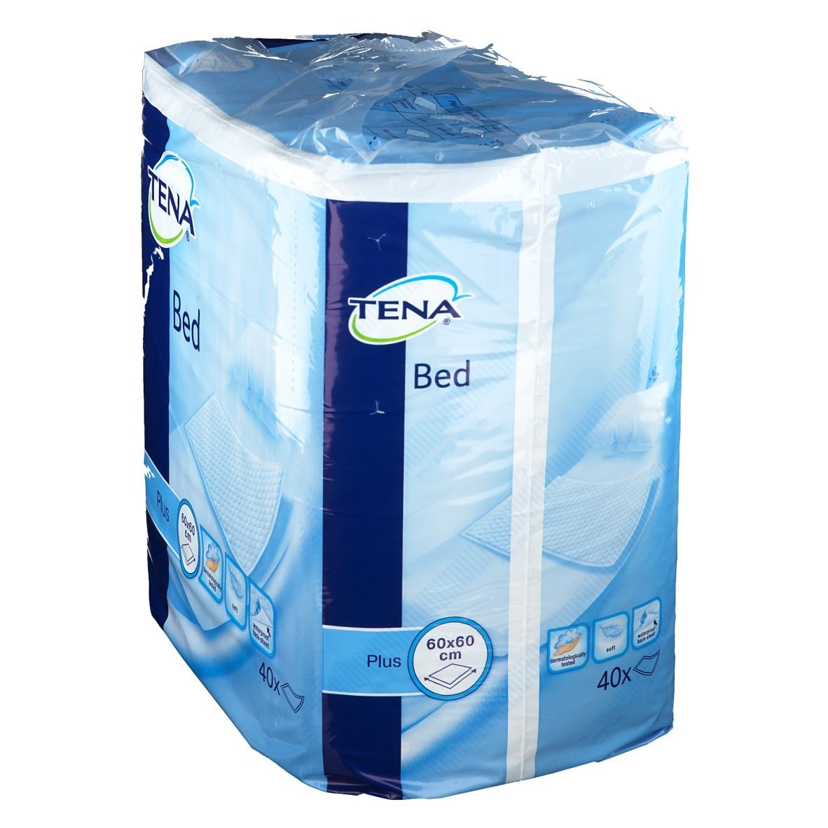 Emballage Tena Bed Plus, 60x60 cm. Emballage bleu avec nom et caractéristiques du produit. 40 unités.