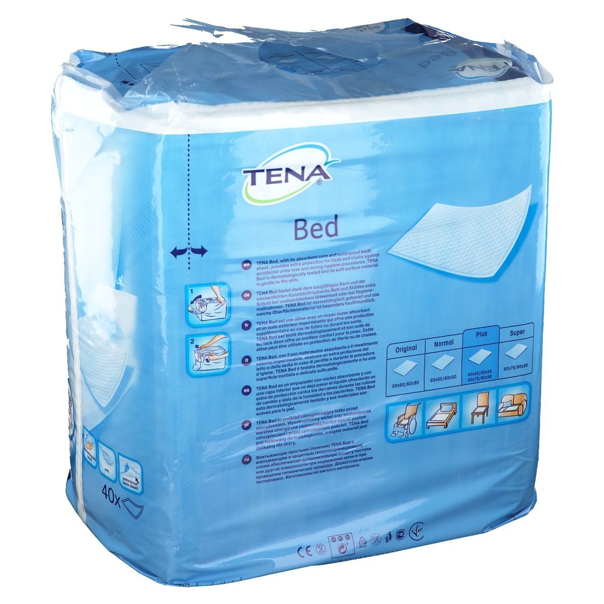 Emballage Tena Bed Plus, 60x60 cm. Emballage bleu avec nom et caractéristiques du produit. 40 unités.