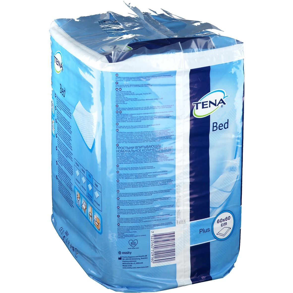 Emballage Tena Bed Plus, 60x60 cm. Emballage bleu avec nom et caractéristiques du produit. 40 unités.
