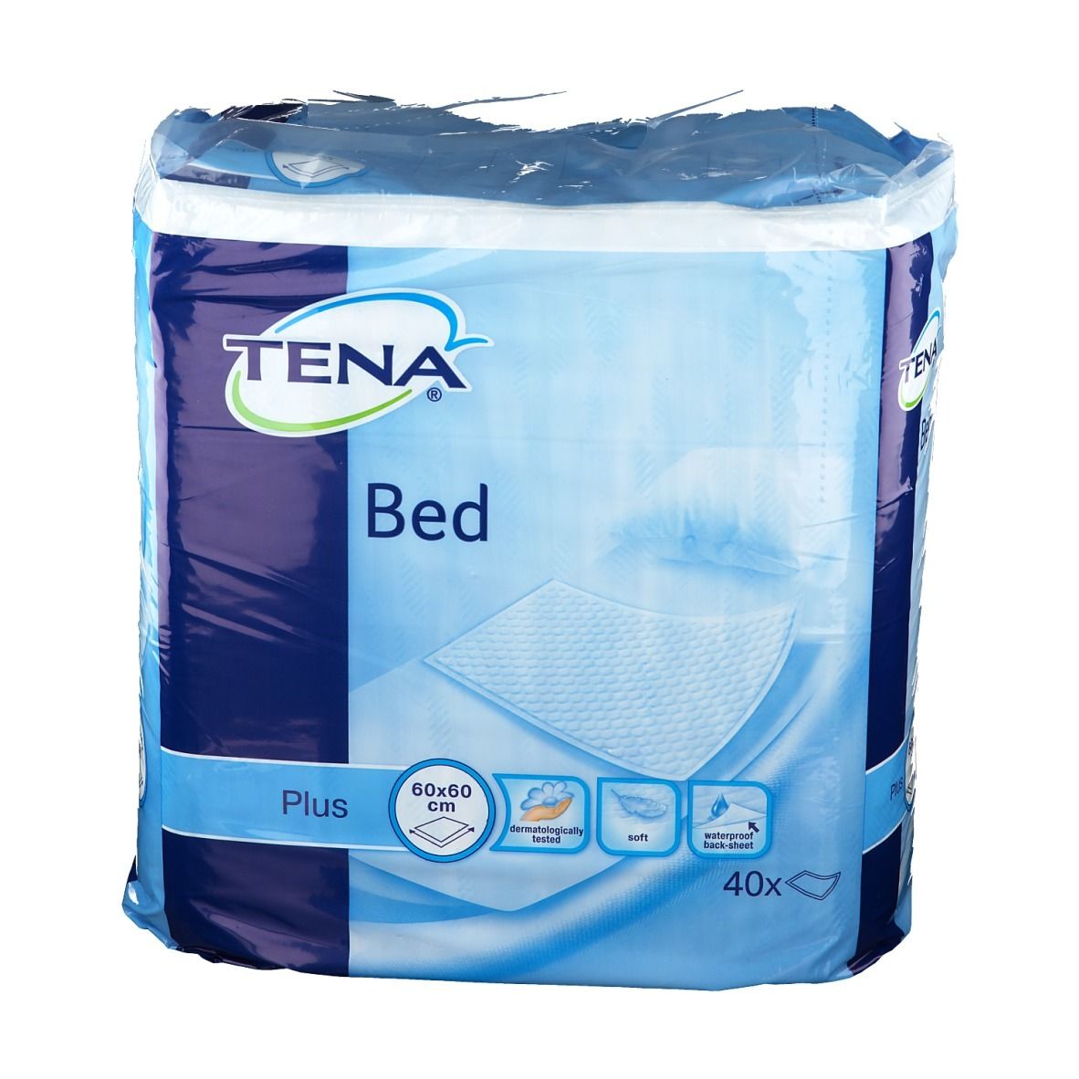 Emballage Tena Bed Plus, 60x60 cm. Emballage bleu avec nom et caractéristiques du produit. 40 unités.