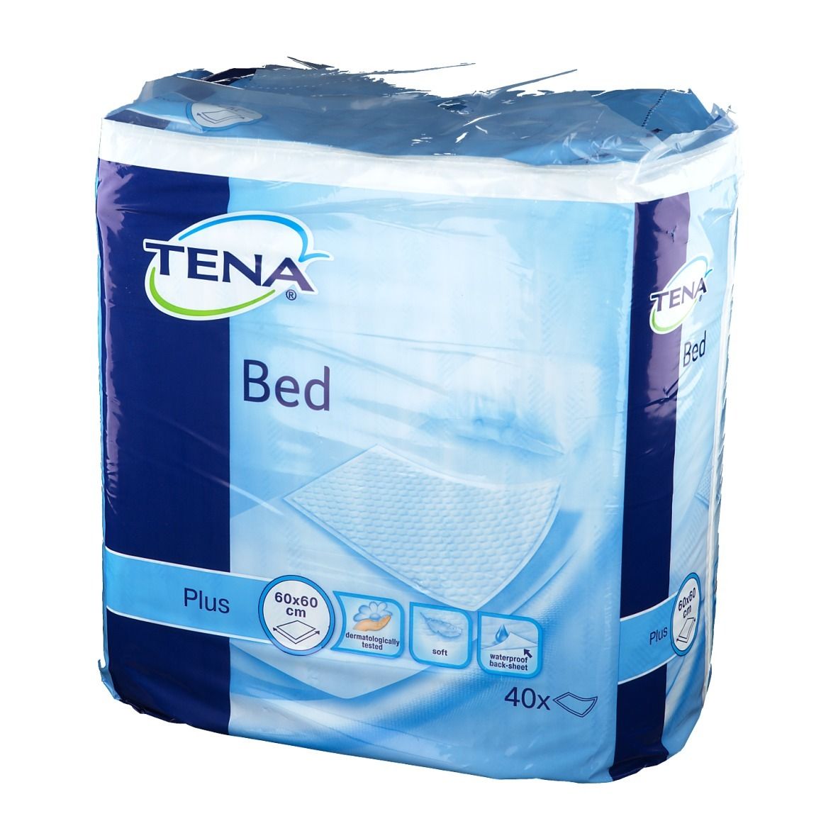 Emballage Tena Bed Plus, 60x60 cm. Emballage bleu avec nom et caractéristiques du produit. 40 unités.