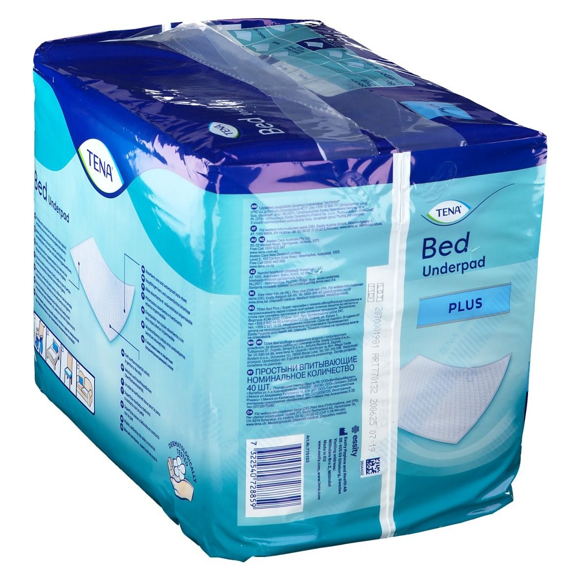 Emballage TENA Bed Underpad Plus. Emballage bleu avec nom et logo du produit. Taille 40x60cm.