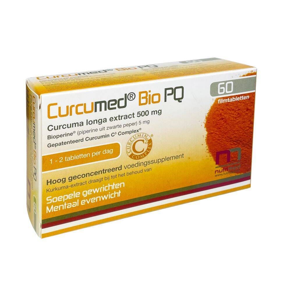 Verpakking van Curcumed® Bio PQ met 60 tabletten. Bevat curcuma longa 500 mg, Bioperine, Curcumin C3 Complex. Dosering: 1-2 tabletten per dag.
