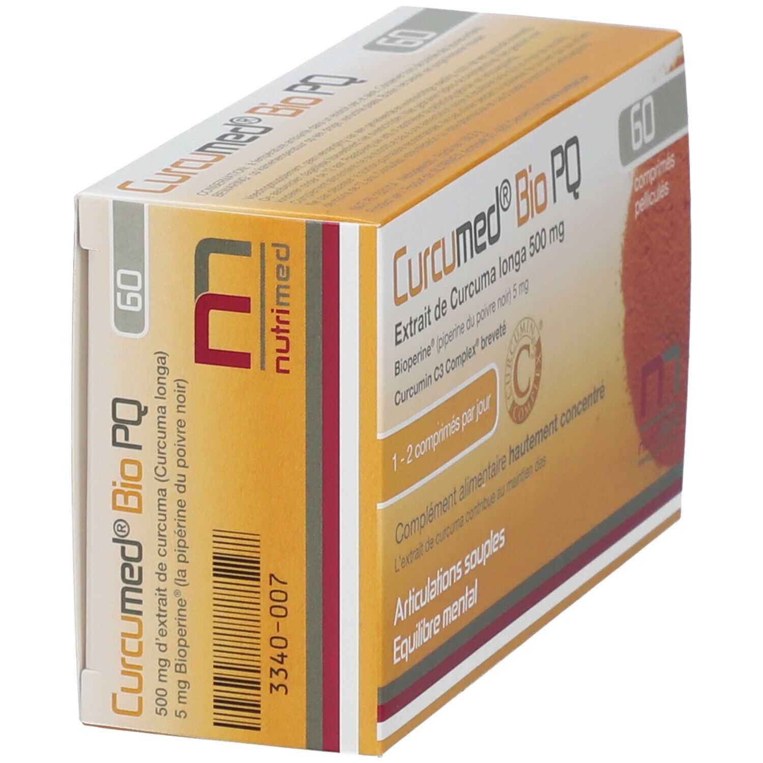 Boîte de Curcumed® Bio PQ avec 60 comprimés. Ingrédients : Curcuma longa 500 mg, Bioperine, Curcumin C3 Complex. Dosage : 1-2 comprimés par jour.