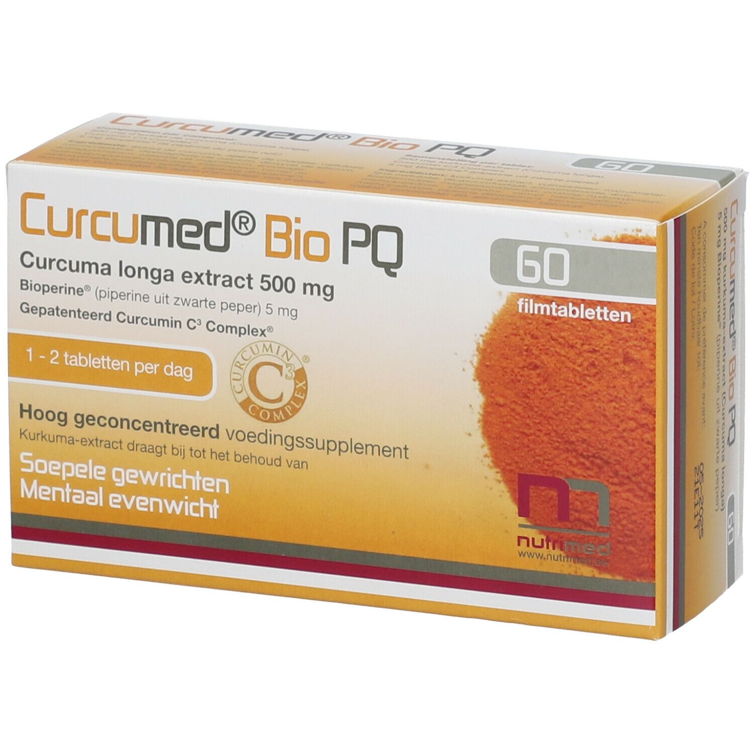 Boîte de Curcumed® Bio PQ avec 60 comprimés. Ingrédients : Curcuma longa 500 mg, Bioperine, Curcumin C3 Complex. Dosage : 1-2 comprimés par jour.