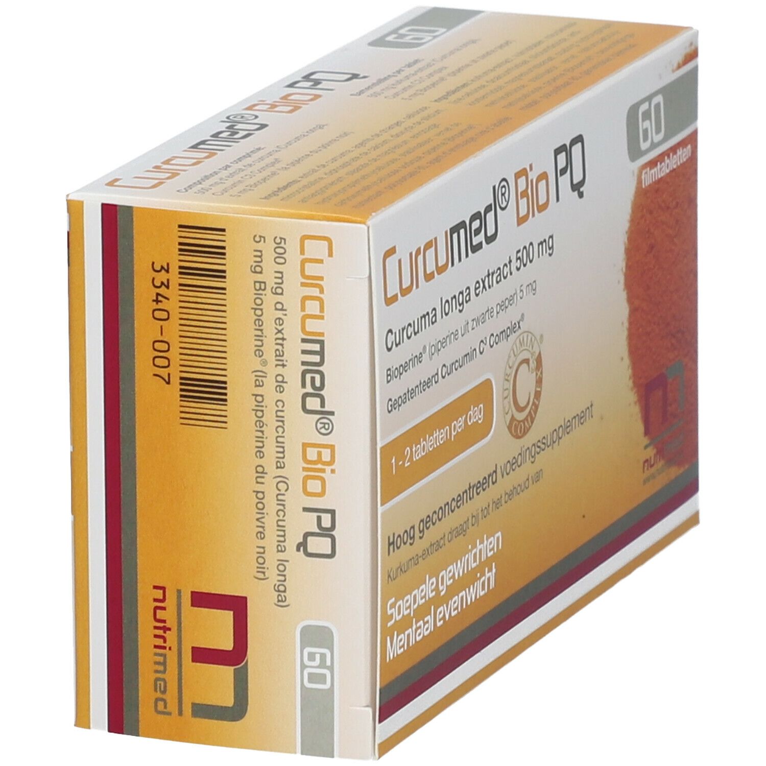 Boîte de Curcumed® Bio PQ avec 60 comprimés. Ingrédients : Curcuma longa 500 mg, Bioperine, Curcumin C3 Complex. Dosage : 1-2 comprimés par jour.