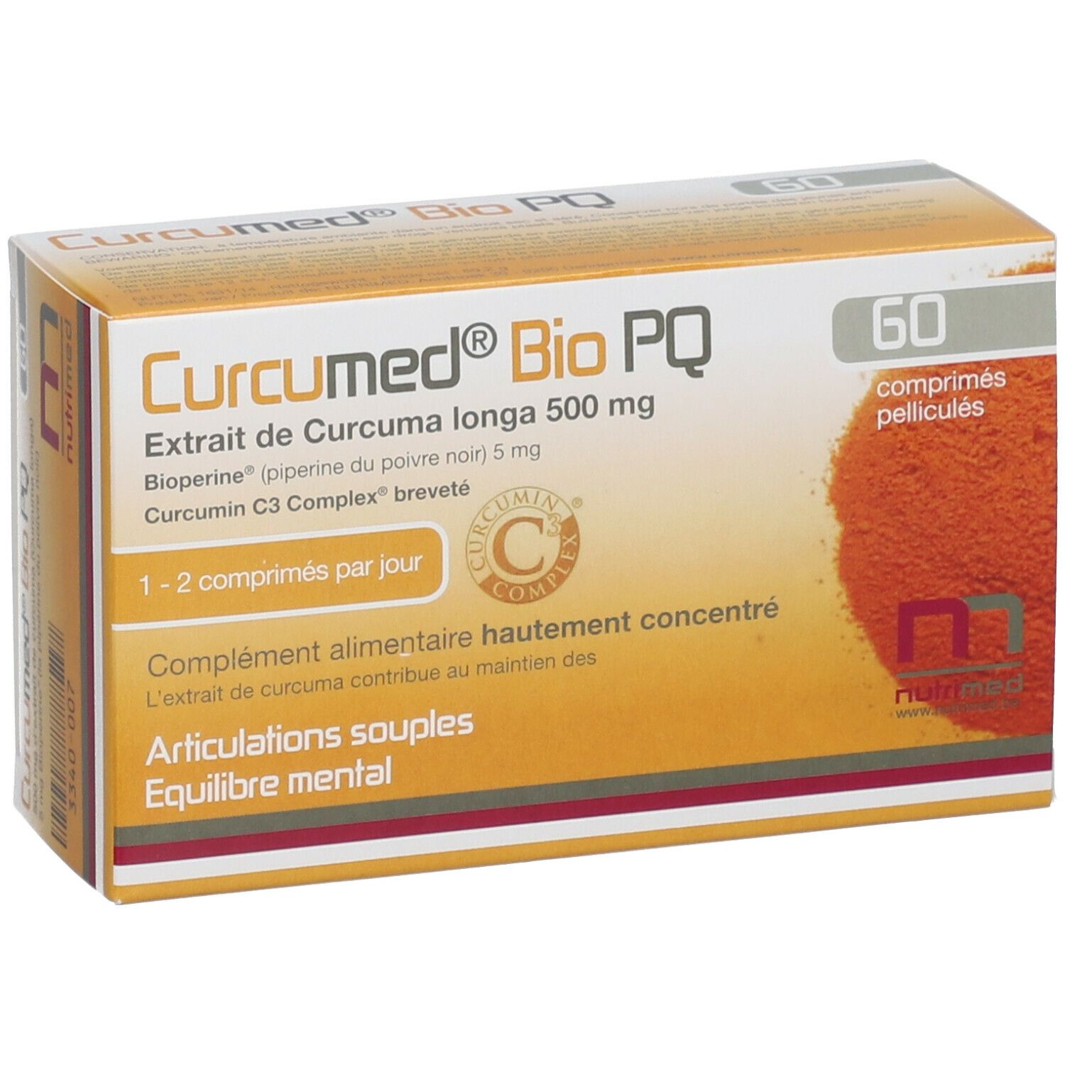 Boîte de Curcumed® Bio PQ avec 60 comprimés. Ingrédients : Curcuma longa 500 mg, Bioperine, Curcumin C3 Complex. Dosage : 1-2 comprimés par jour.