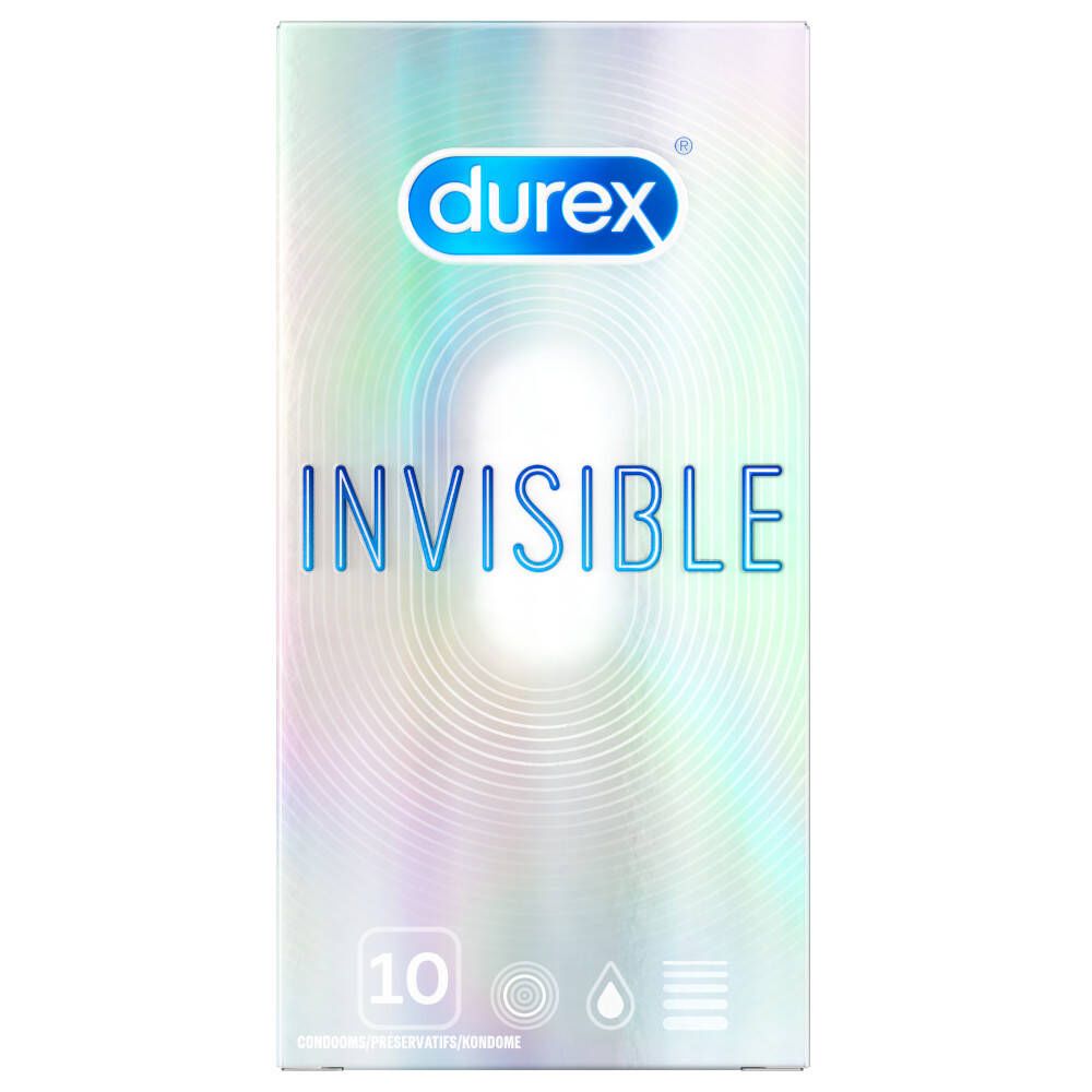 Packung mit Kondomen. Marke: Durex. Aufschrift: Invisible. Enthält 10 Stück. Holografische Verpackung.