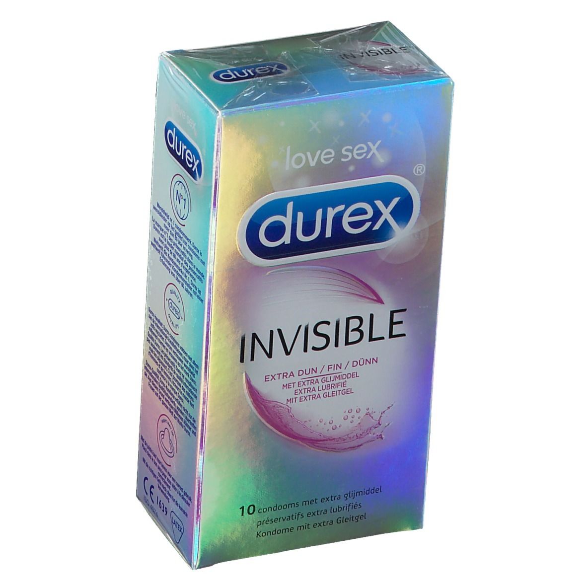 Boîte de préservatifs Durex Invisible Extra Dünn. Emballage holographique. Contient 10 préservatifs.