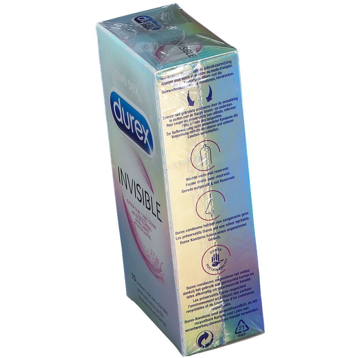 Dos de la boîte de préservatifs Durex Invisible. Texte multilingue. Emballage holographique.