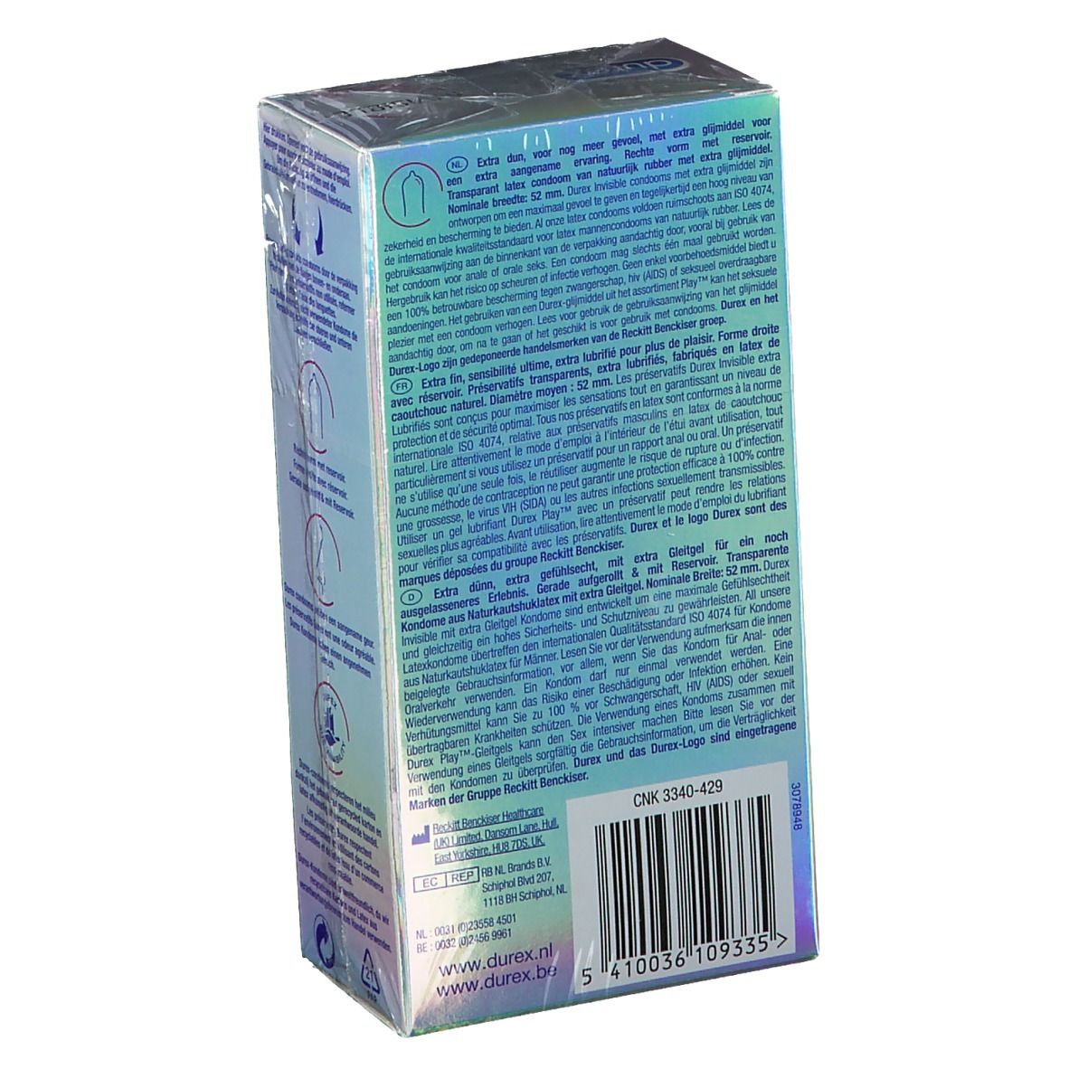 Boîte de préservatifs, dos. Marque : Durex. Texte multilingue. Code-barres et informations de contact.
