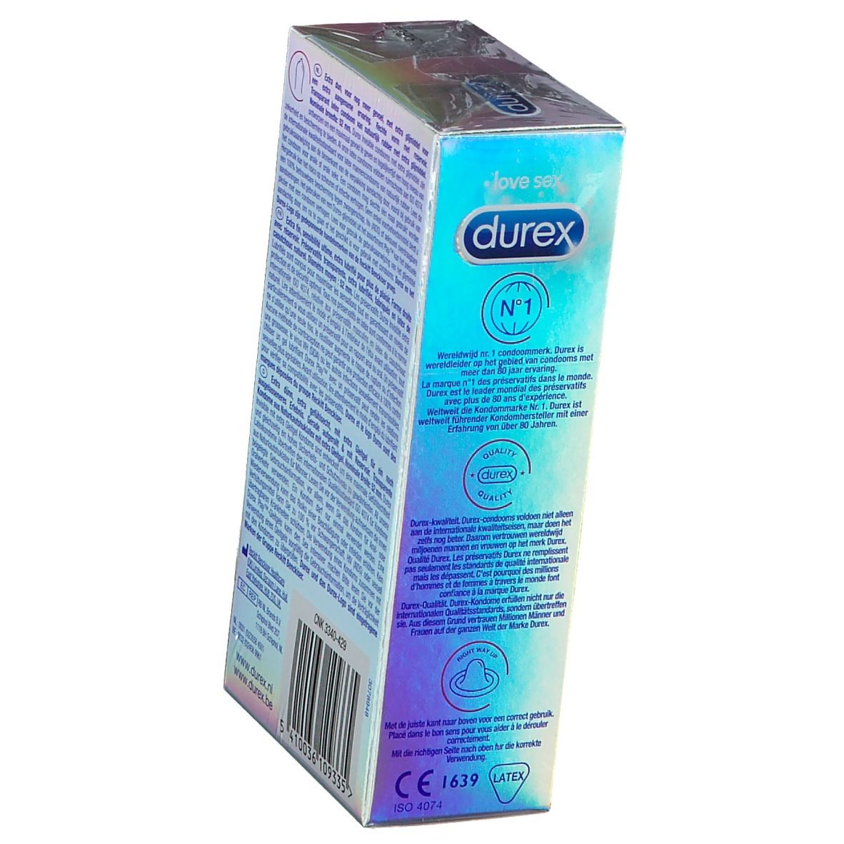 Boîte de préservatifs. Marque : Durex. Texte : Invisible Extra Dünn. Emballage holographique. Labels de qualité.